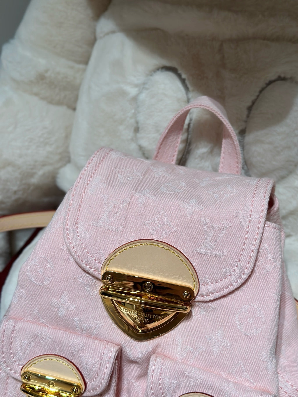 Washed Monogram-Texture Denim Backpack — 26cm