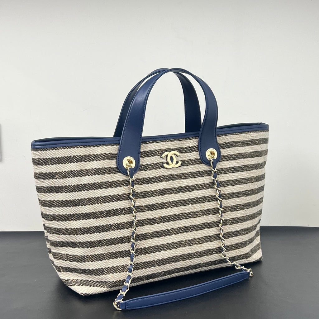 Inspired Striped Quilted Denim Beach Tote Bag