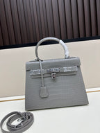 Luxury 28cm Elephant Grey Pebbled Leather Top-Handle Bag – Silver Hardware
