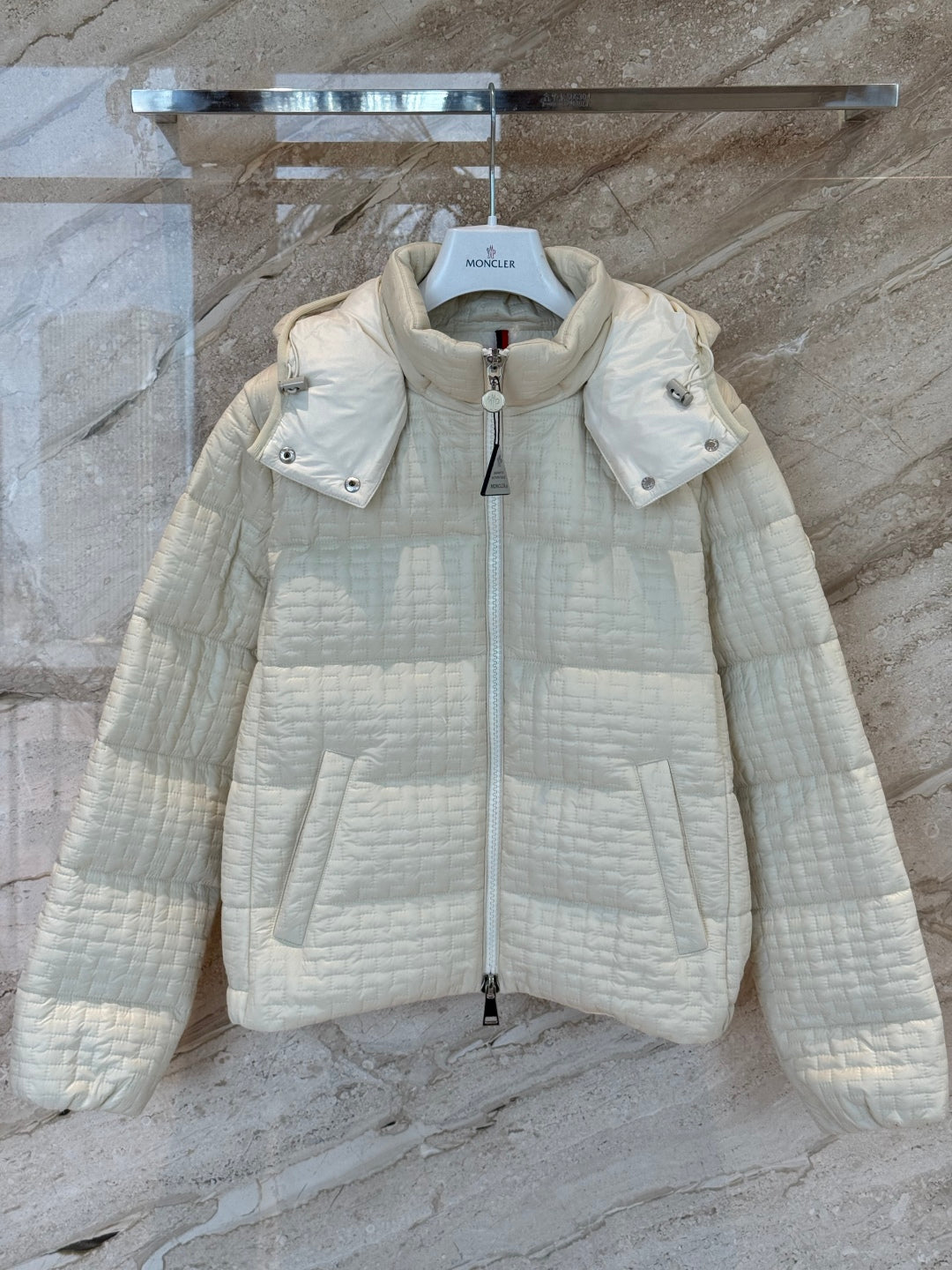 Cream Check Down Jacket – Short Hooded Puffer