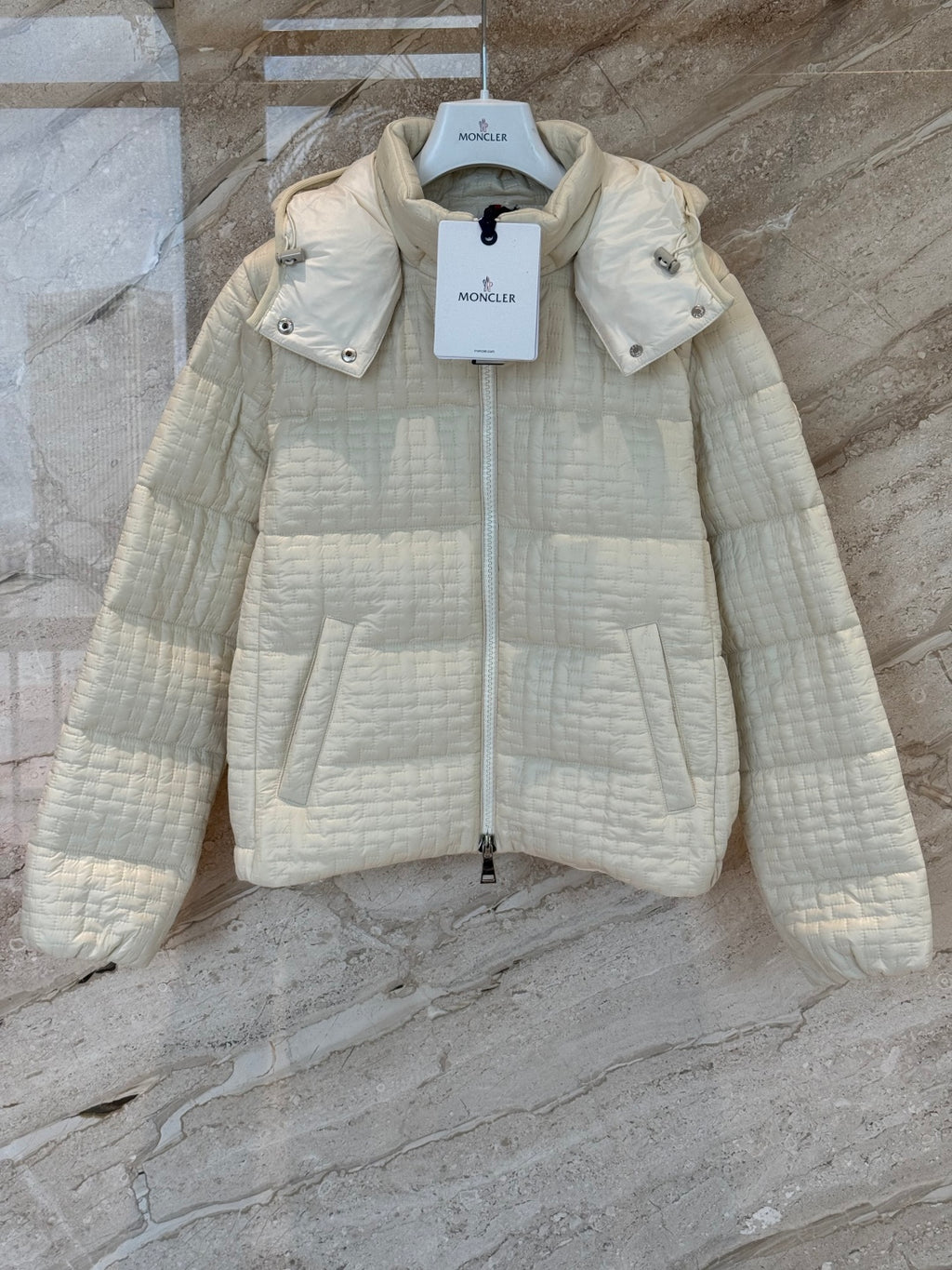 Cream Check Down Jacket – Short Hooded Puffer