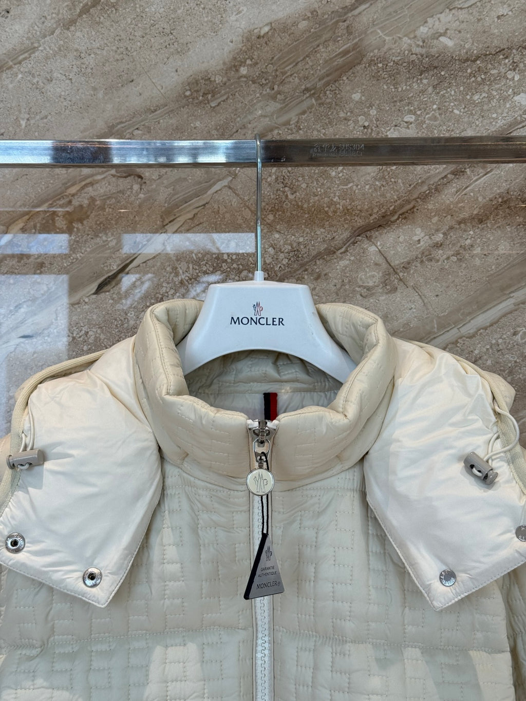 Cream Check Down Jacket – Short Hooded Puffer