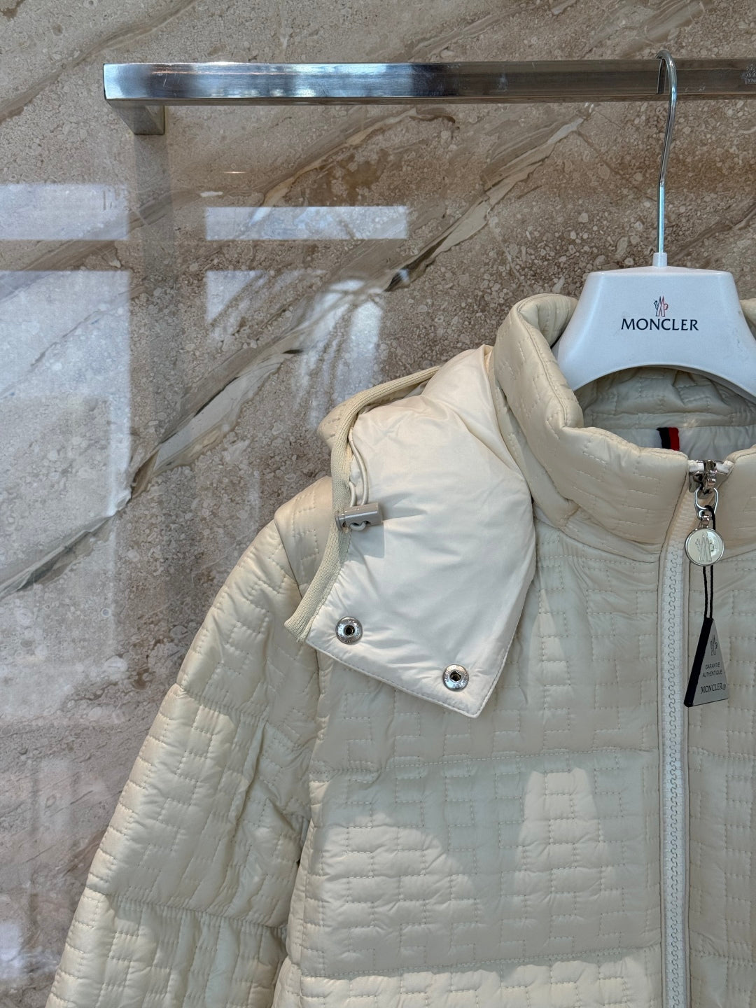Cream Check Down Jacket – Short Hooded Puffer