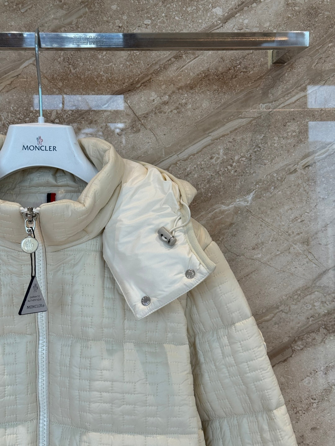 Cream Check Down Jacket – Short Hooded Puffer