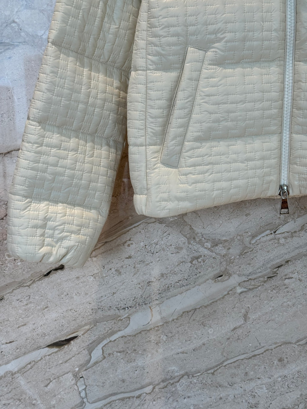 Cream Check Down Jacket – Short Hooded Puffer