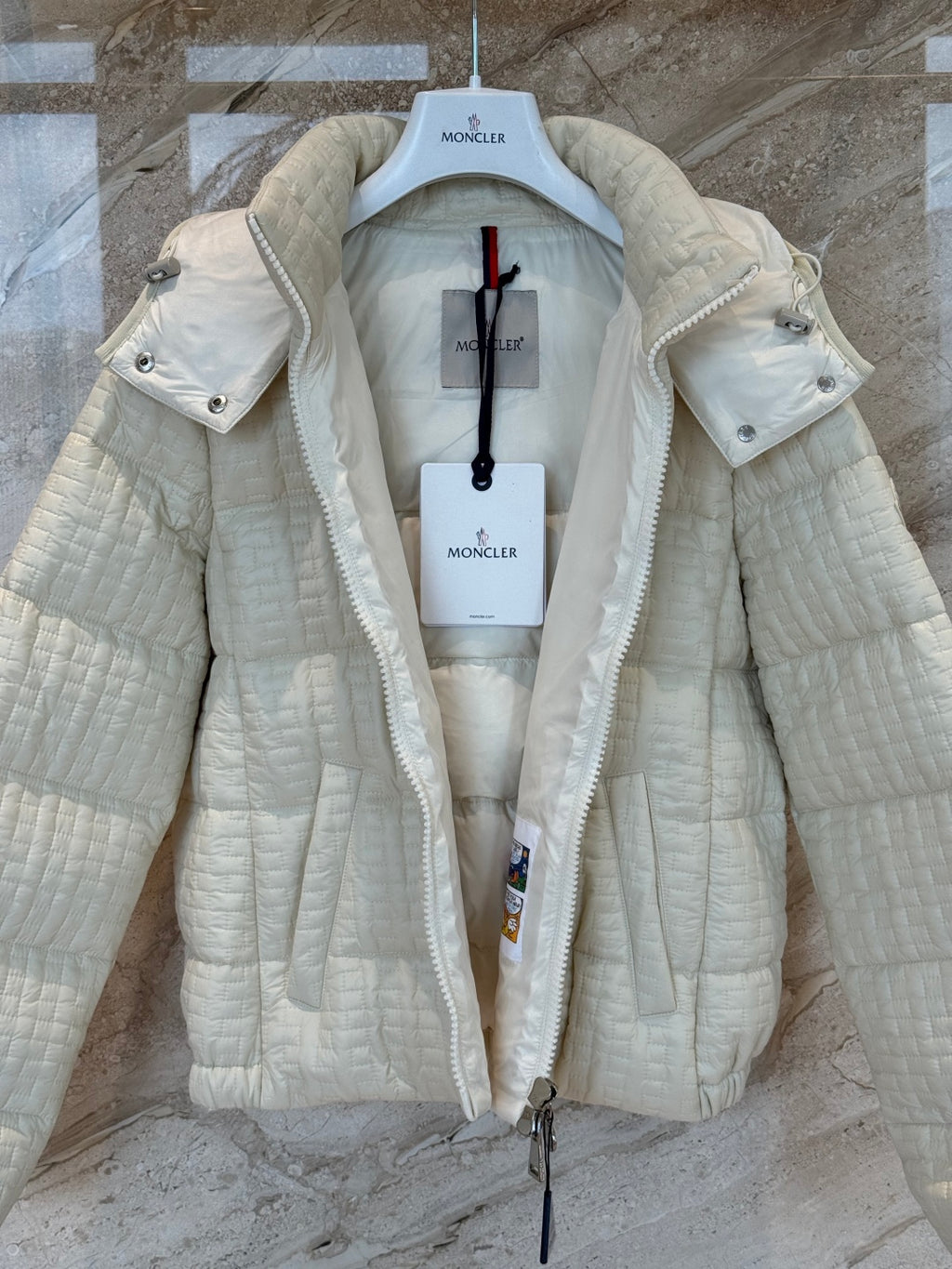 Cream Check Down Jacket – Short Hooded Puffer