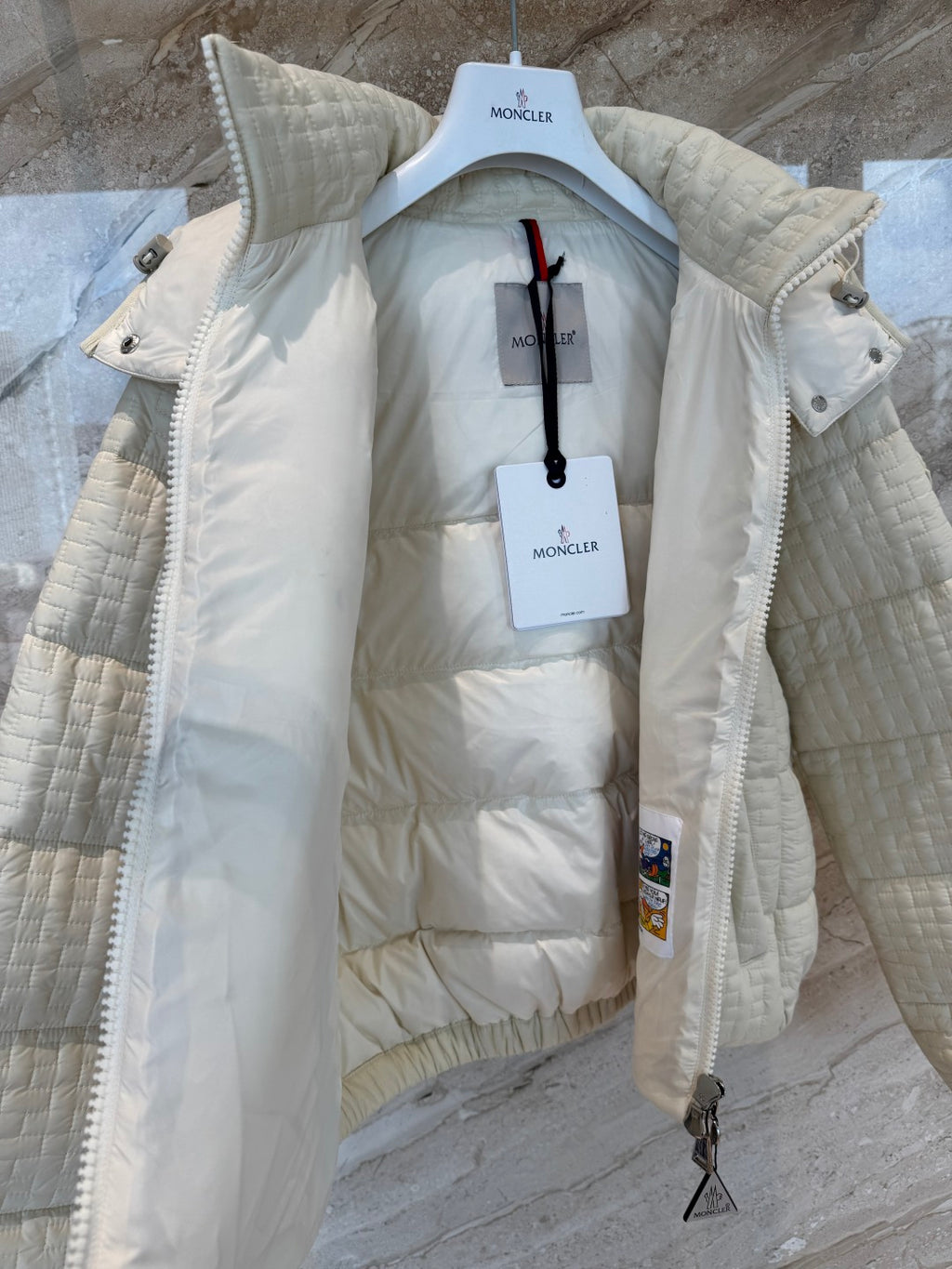 Cream Check Down Jacket – Short Hooded Puffer