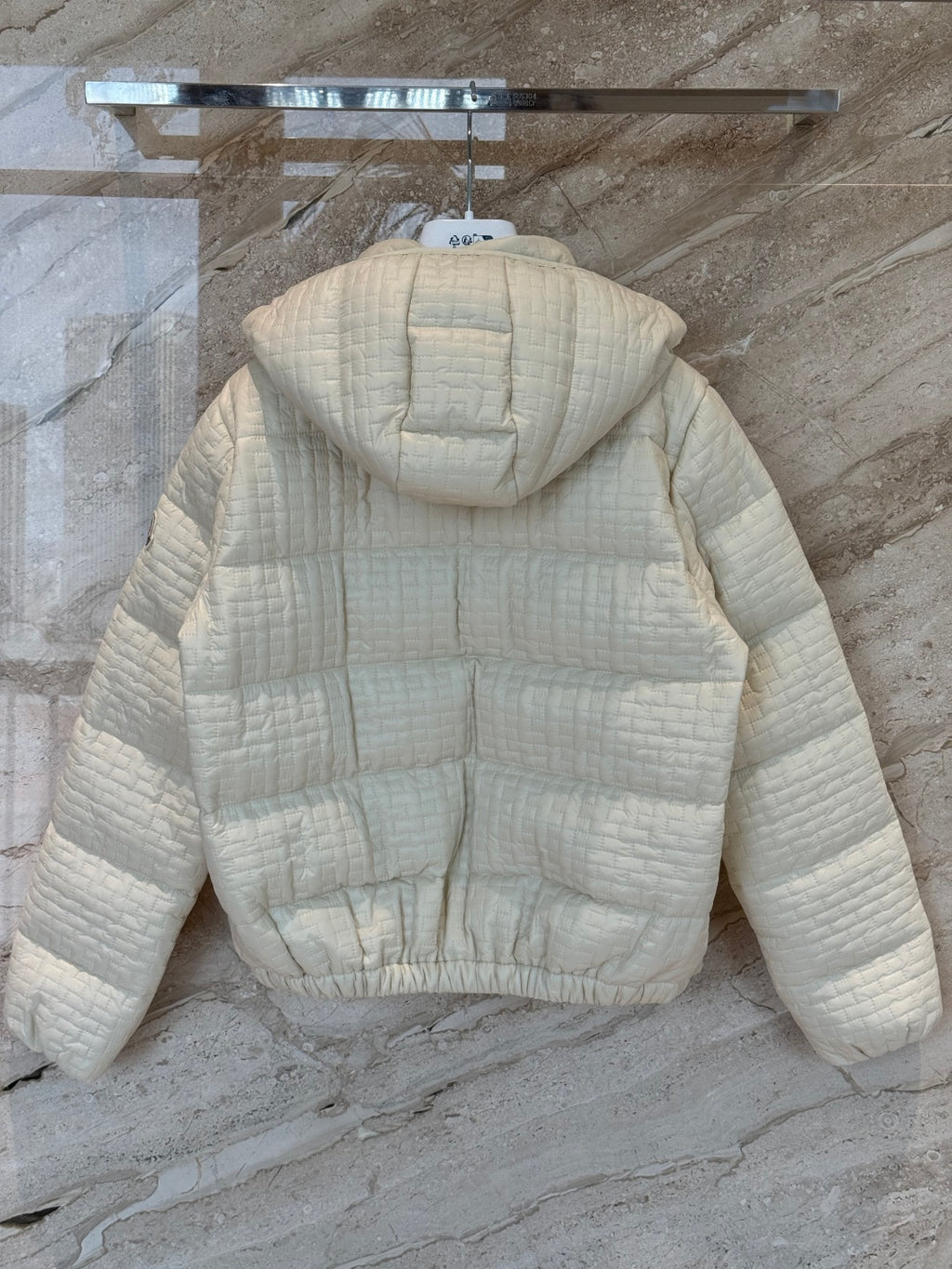 Cream Check Down Jacket – Short Hooded Puffer