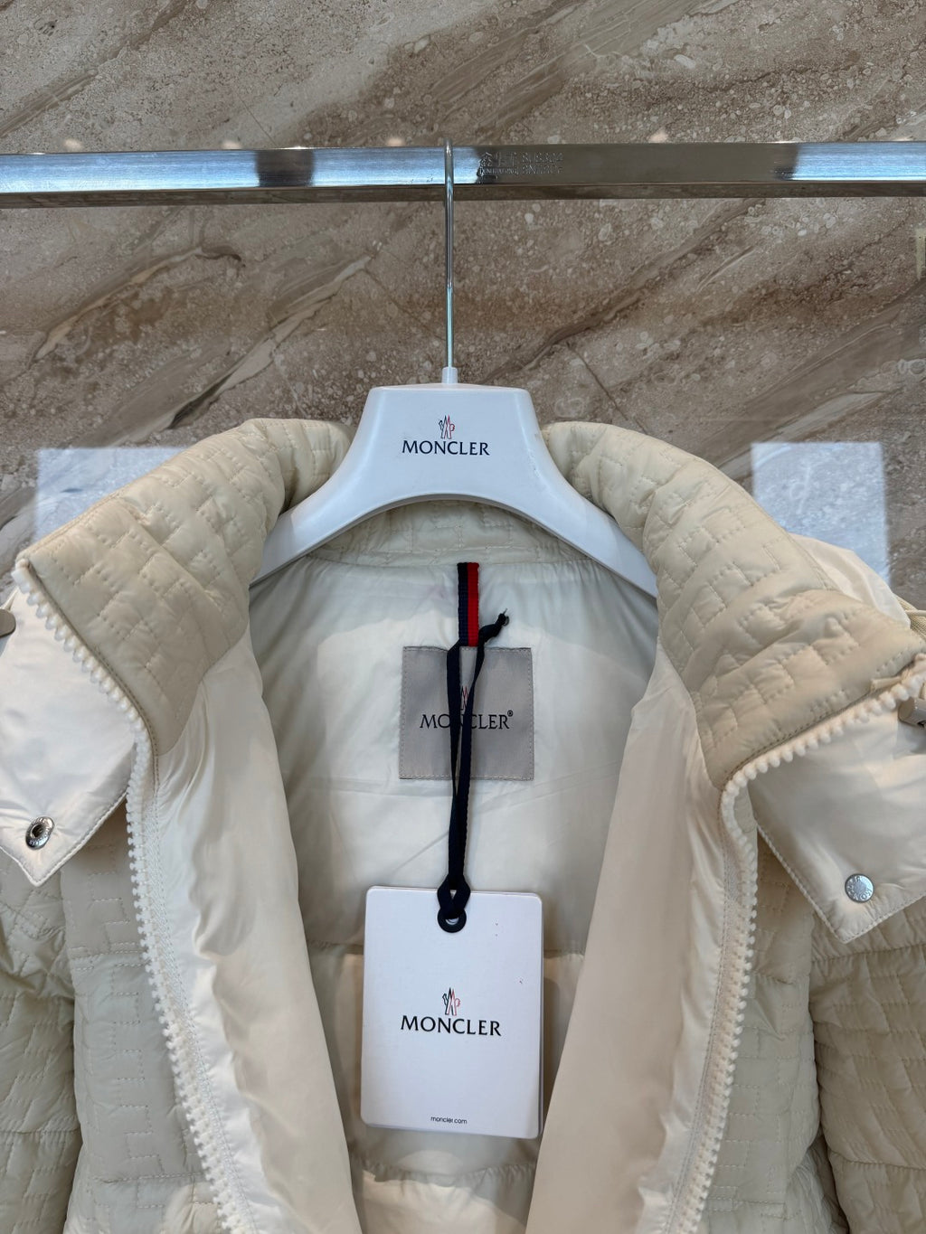 Cream Check Down Jacket – Short Hooded Puffer