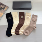Premium Cashmere Embroidered Knee-High Socks – 5 Pairs Per Box