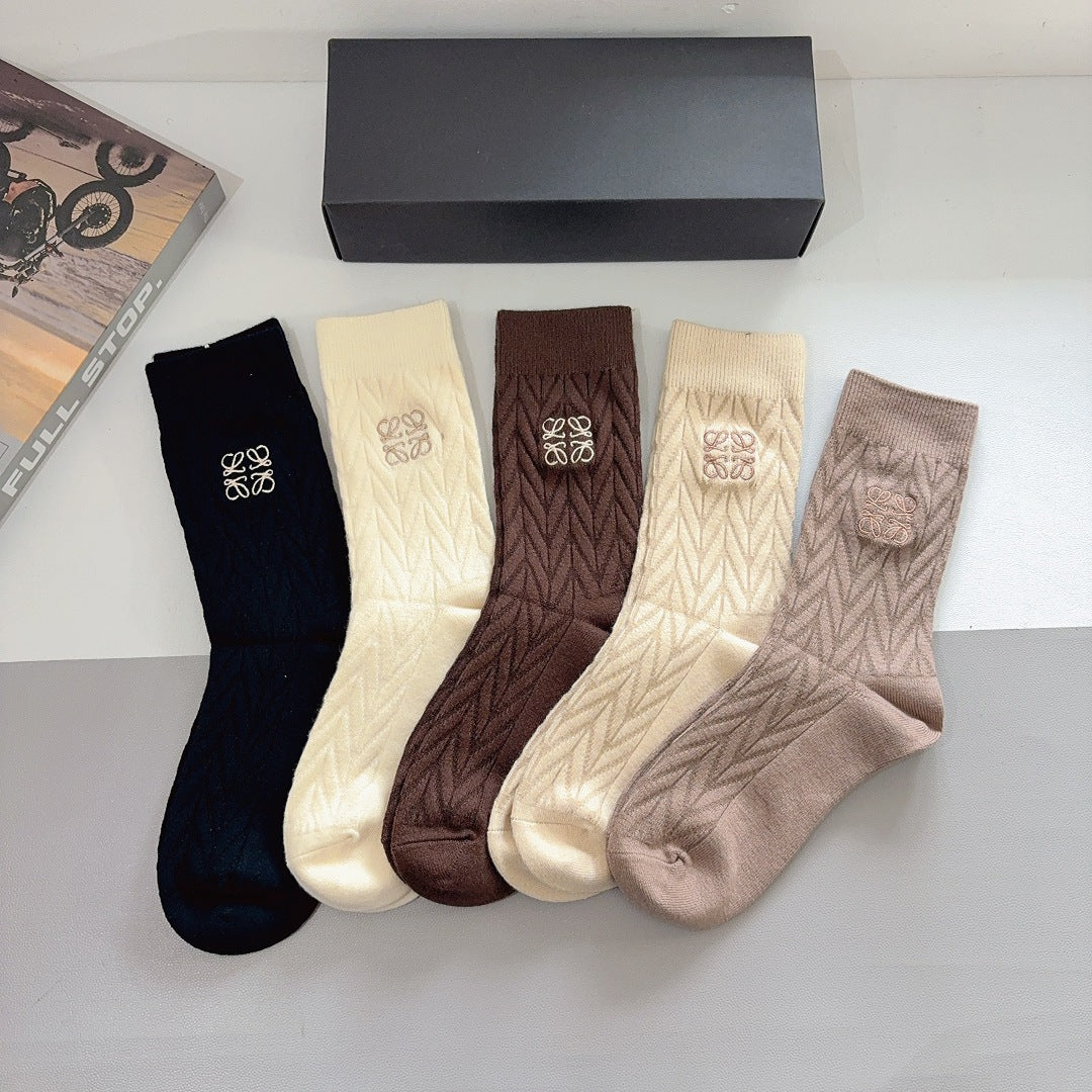 Premium Cashmere Embroidered Knee-High Socks – 5 Pairs Per Box