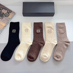 Premium Cashmere Embroidered Knee-High Socks – 5 Pairs Per Box