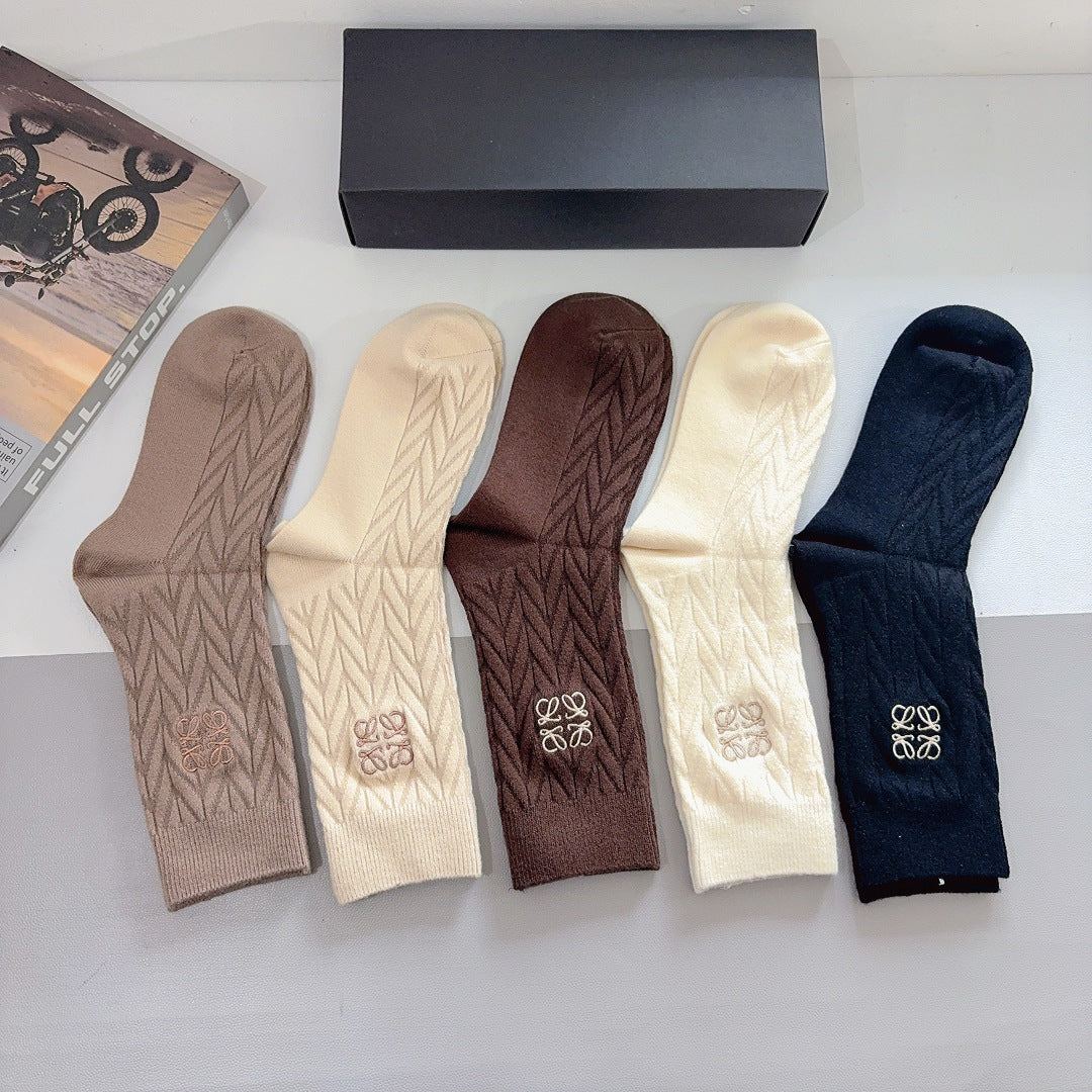 Premium Cashmere Embroidered Knee-High Socks – 5 Pairs Per Box