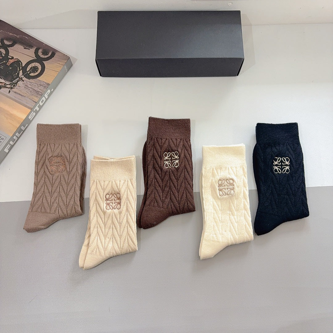 Premium Cashmere Embroidered Knee-High Socks – 5 Pairs Per Box