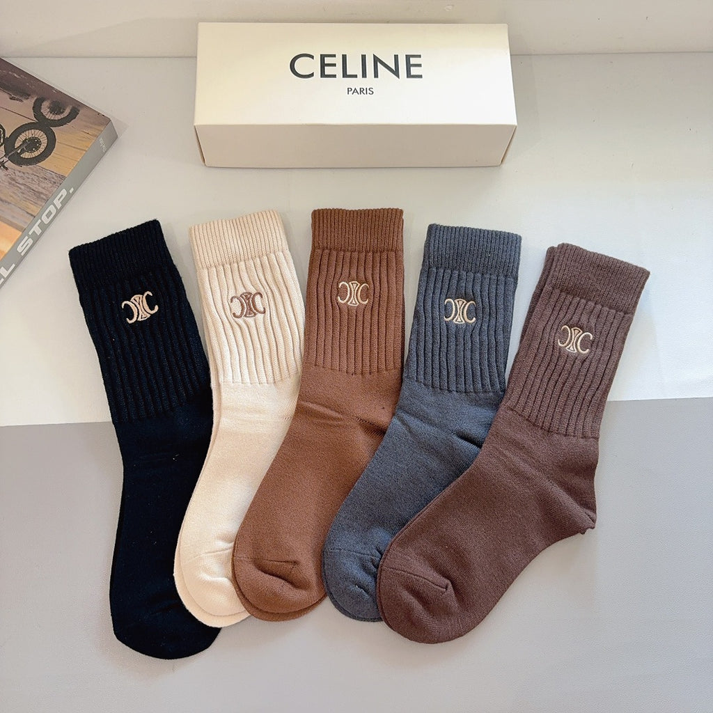 Premium Cashmere Embroidered Knee-High Socks – 5 Pairs Per Box