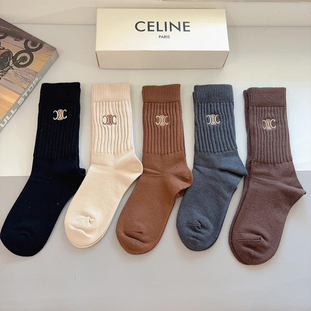 Premium Cashmere Embroidered Knee-High Socks – 5 Pairs Per Box