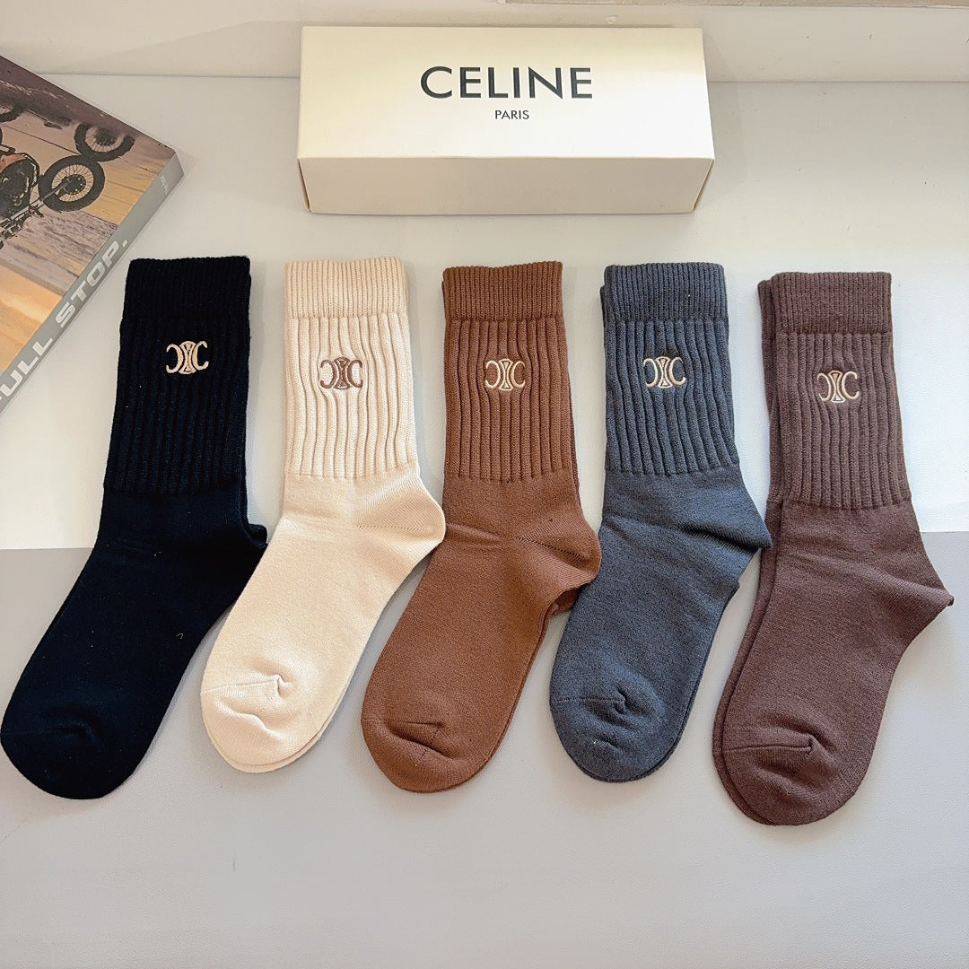 Premium Cashmere Embroidered Knee-High Socks – 5 Pairs Per Box
