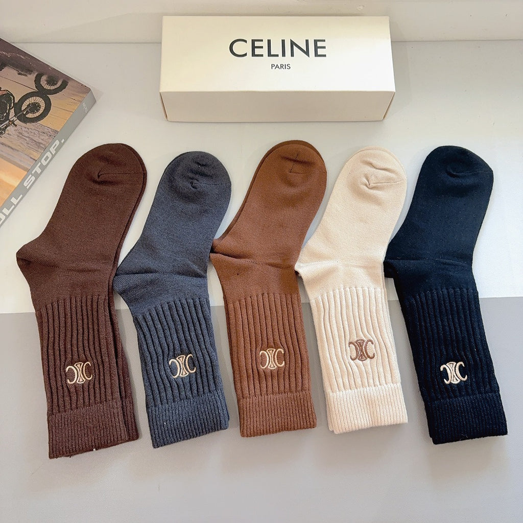 Premium Cashmere Embroidered Knee-High Socks – 5 Pairs Per Box