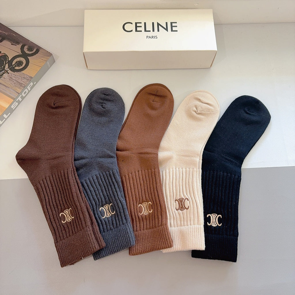 Premium Cashmere Embroidered Knee-High Socks – 5 Pairs Per Box