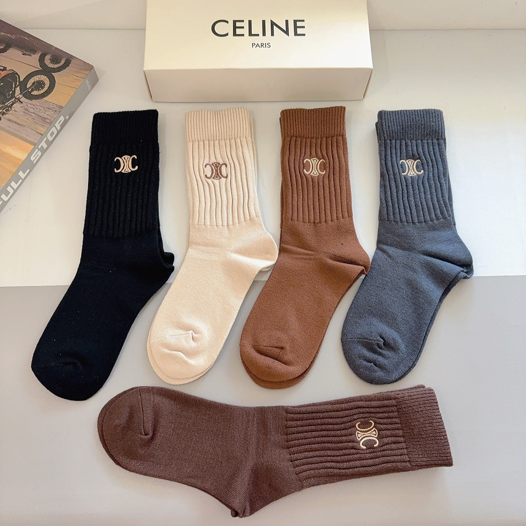 Premium Cashmere Embroidered Knee-High Socks – 5 Pairs Per Box
