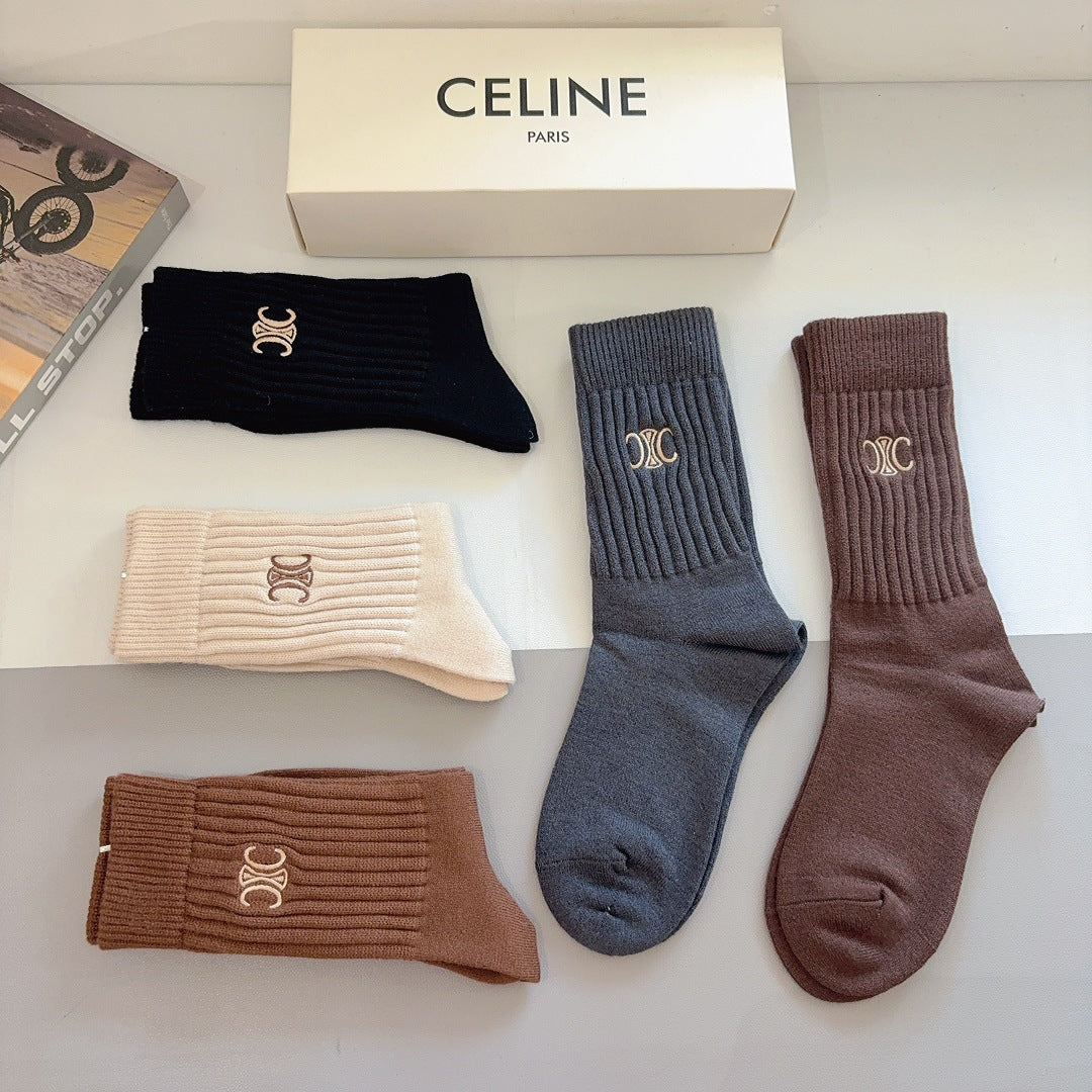 Premium Cashmere Embroidered Knee-High Socks – 5 Pairs Per Box