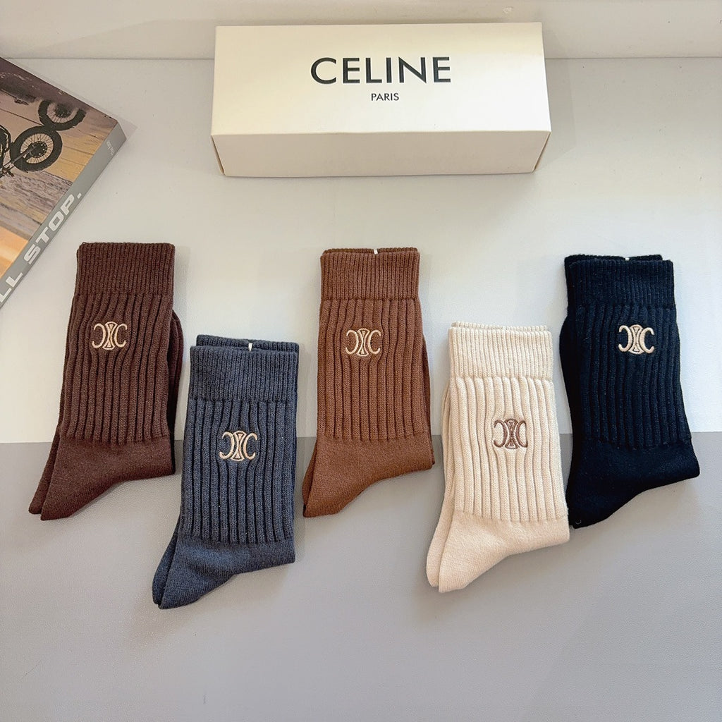 Premium Cashmere Embroidered Knee-High Socks – 5 Pairs Per Box