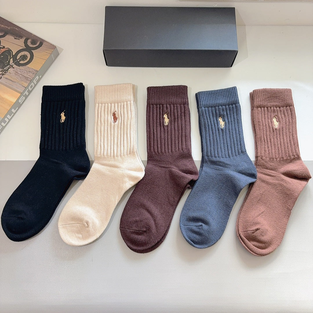 Premium Cashmere Embroidered Knee-High Socks – Pack of 5 Pairs | Special Packaging