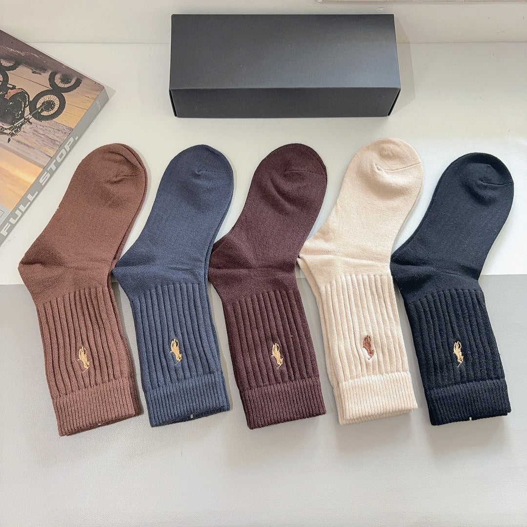 Premium Cashmere Embroidered Knee-High Socks – Pack of 5 Pairs | Special Packaging