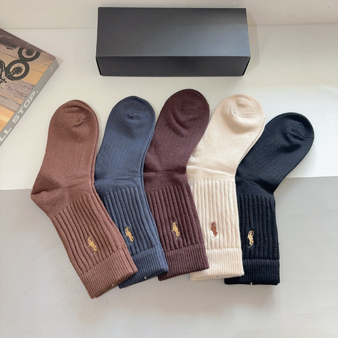 Premium Cashmere Embroidered Knee-High Socks – Pack of 5 Pairs | Special Packaging