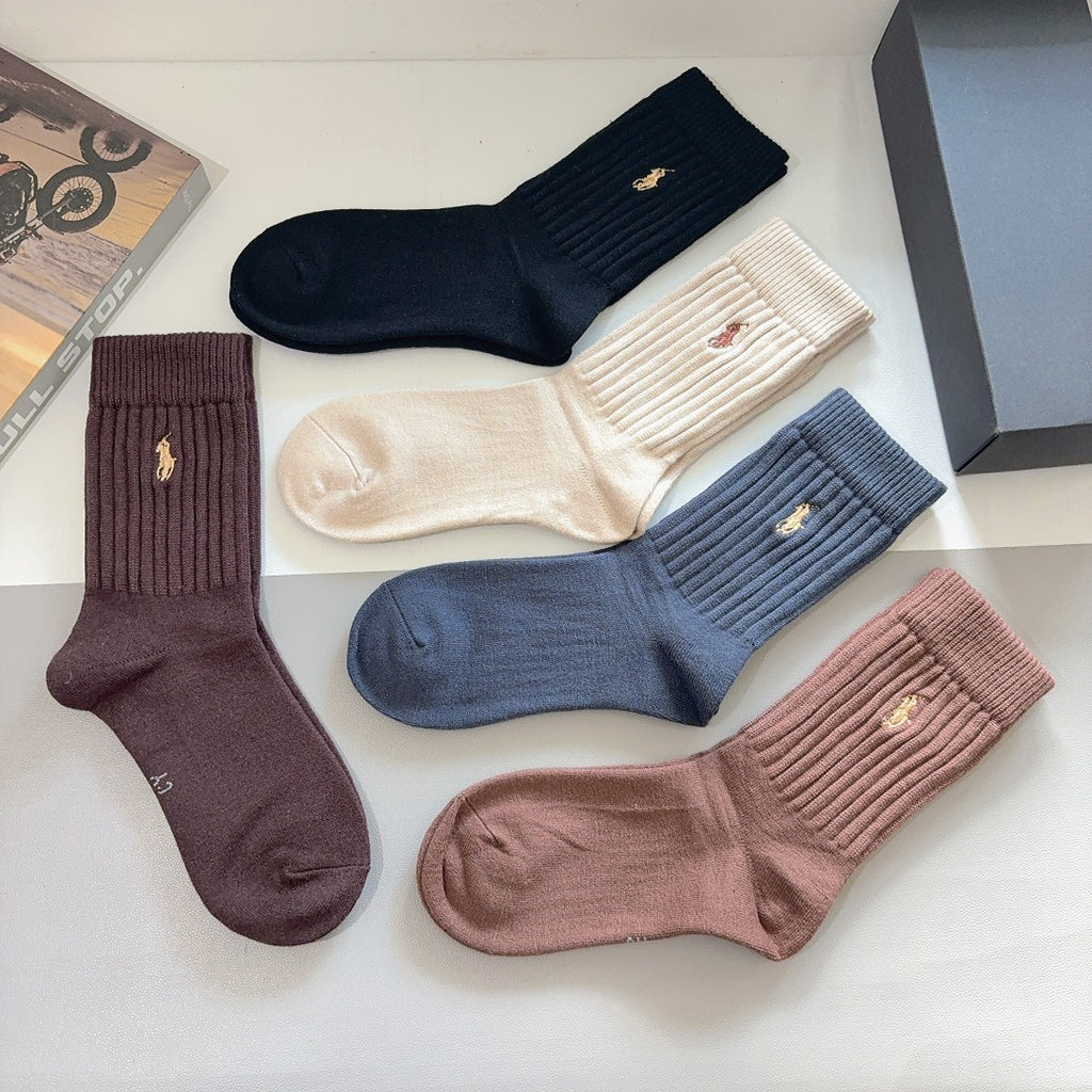 Premium Cashmere Embroidered Knee-High Socks – Pack of 5 Pairs | Special Packaging