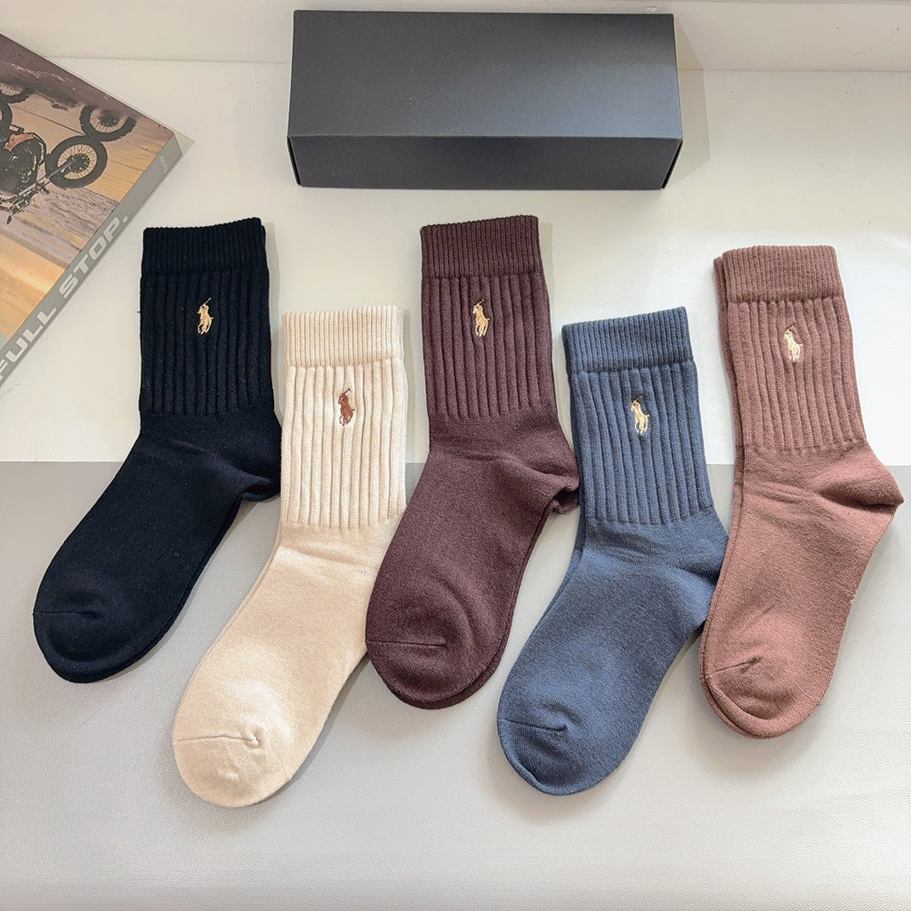 Premium Cashmere Embroidered Knee-High Socks – Pack of 5 Pairs | Special Packaging