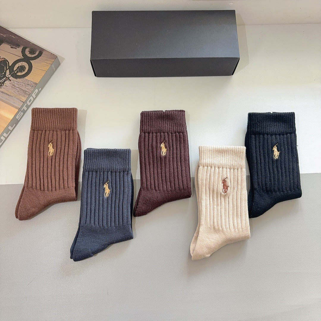 Premium Cashmere Embroidered Knee-High Socks – Pack of 5 Pairs | Special Packaging