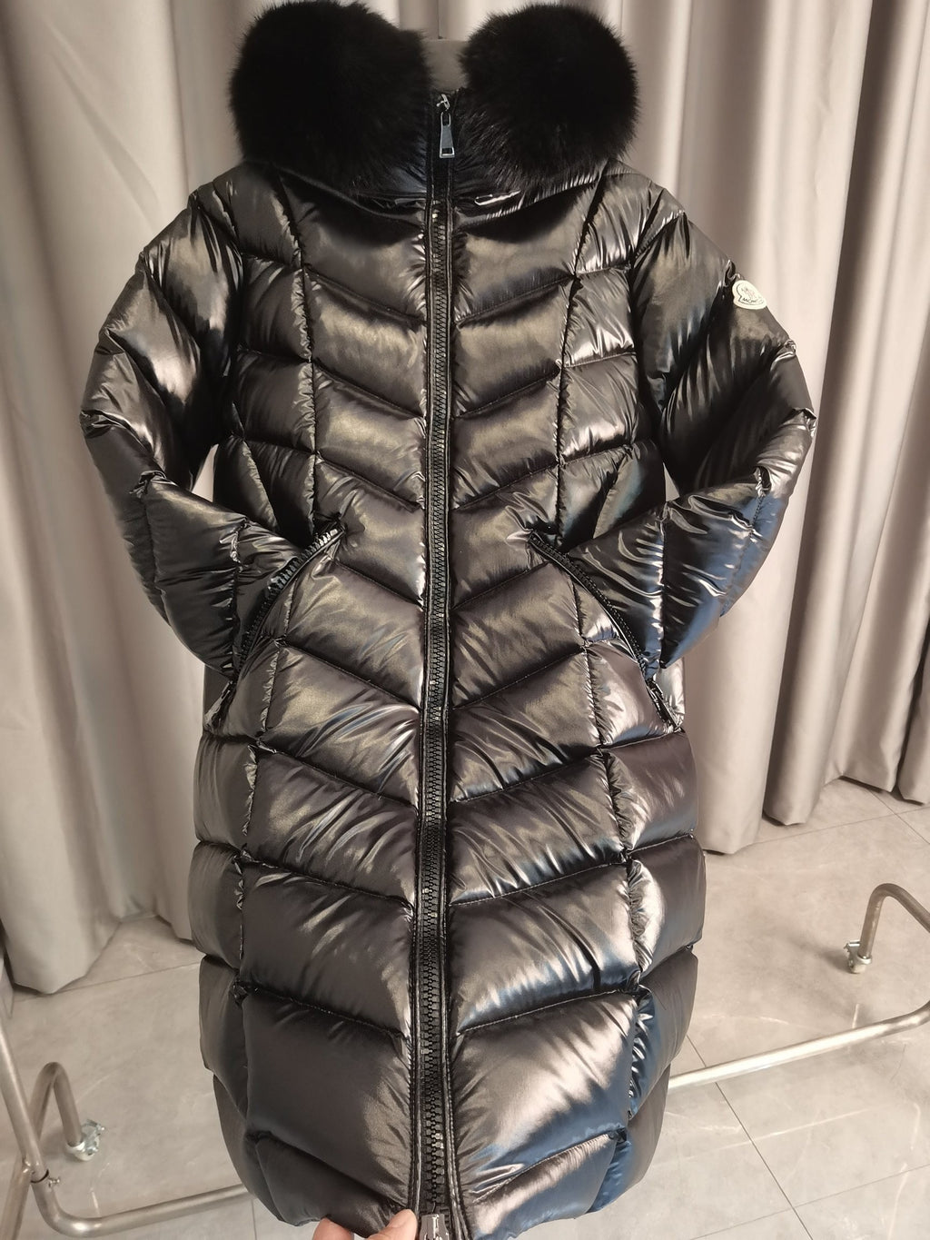Long Hooded Glossy Down Coat – Premium Warmth & Frost-Fur Trim