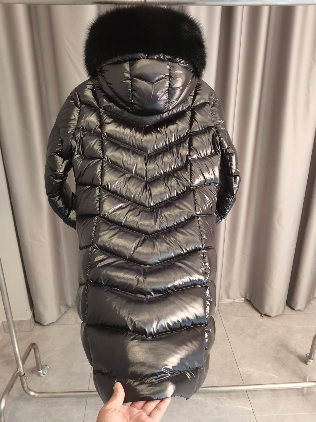 Long Hooded Glossy Down Coat – Premium Warmth & Frost-Fur Trim