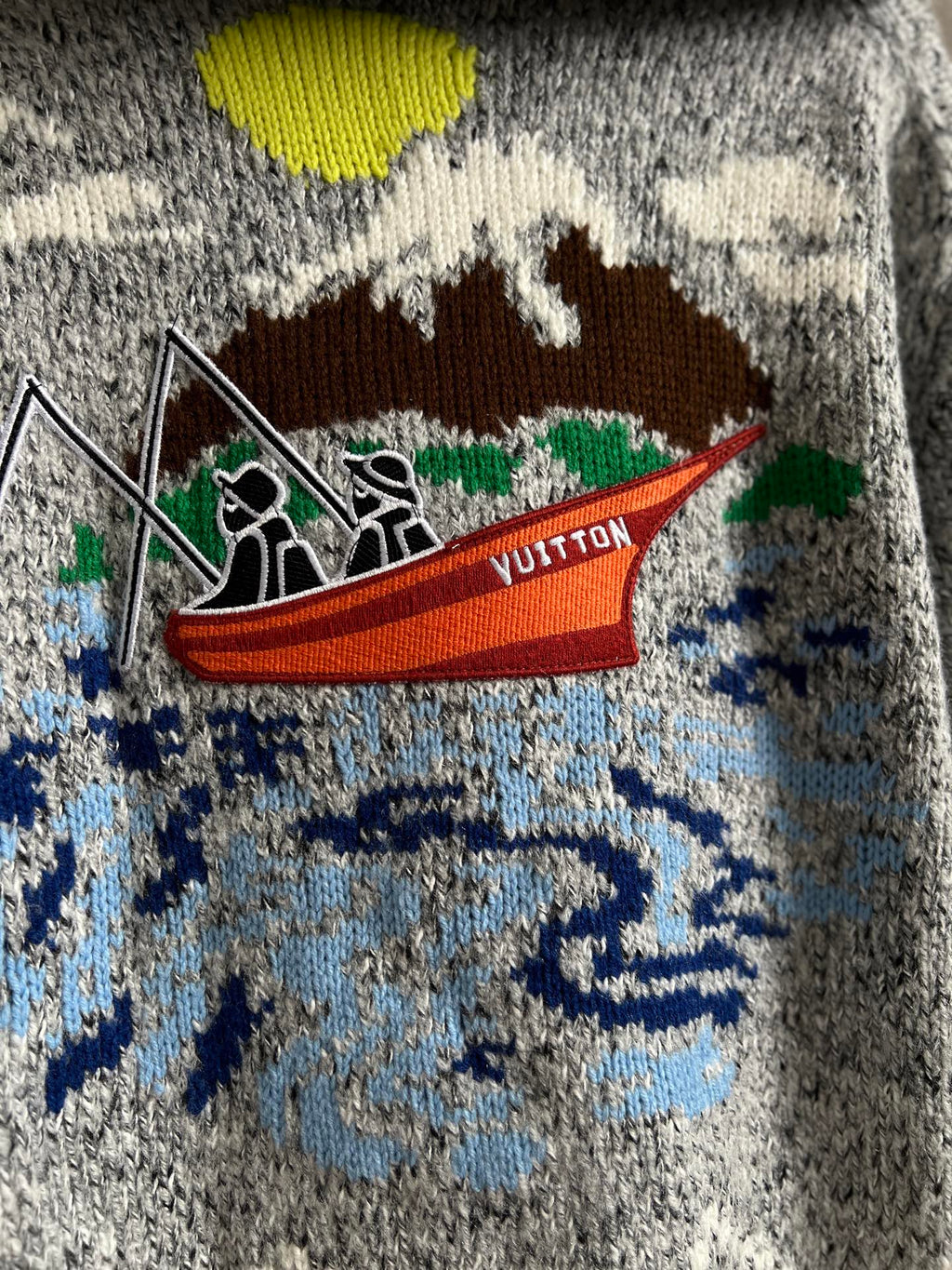 Luxury Embroidered Knit Cardigan – Sailboat &amp; Fishing Motif | Fall/Winter Collection