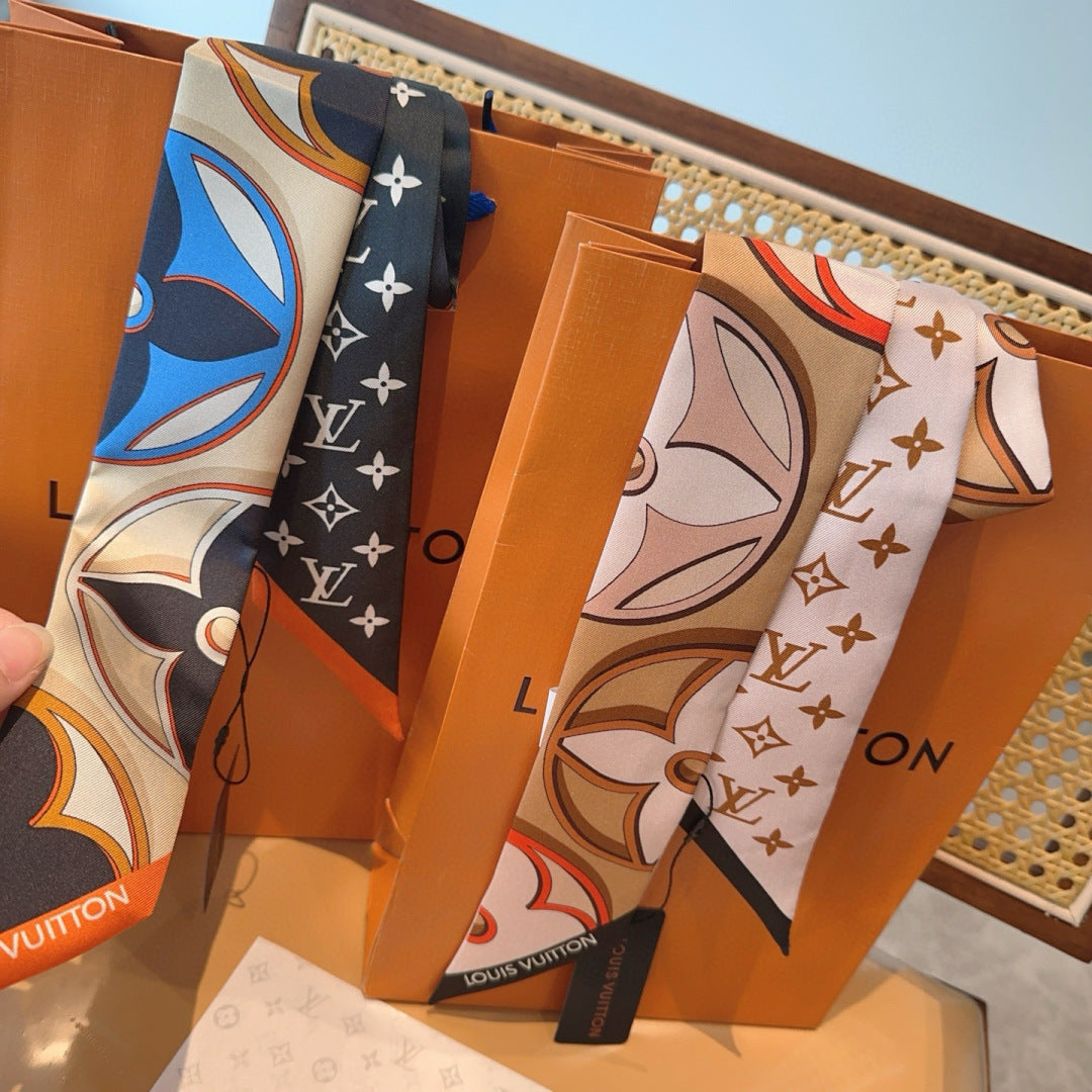 Premium Silk Twilly Scarf – Black & White Floral