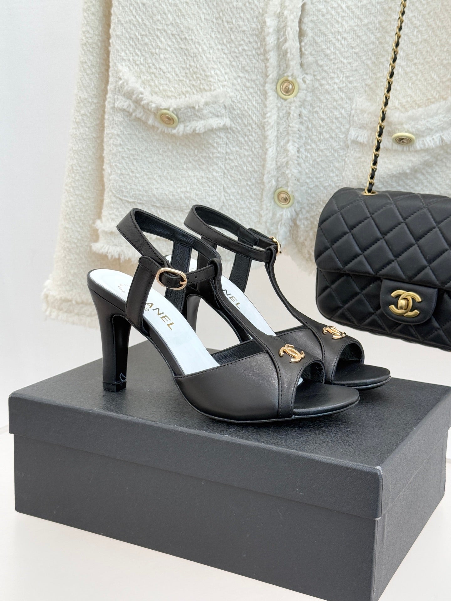 Peep-Toe T-Strap Heels – Double Logo Accent