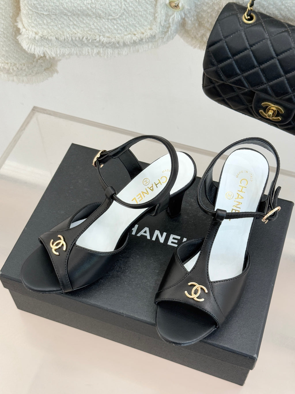 Peep-Toe T-Strap Heels – Double Logo Accent