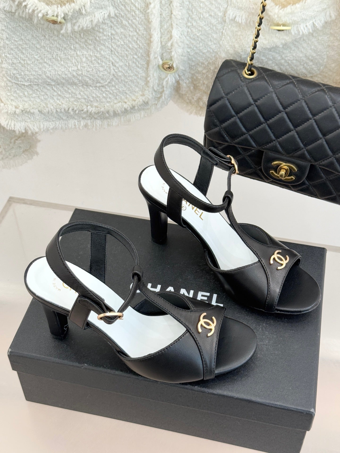 Peep-Toe T-Strap Heels – Double Logo Accent