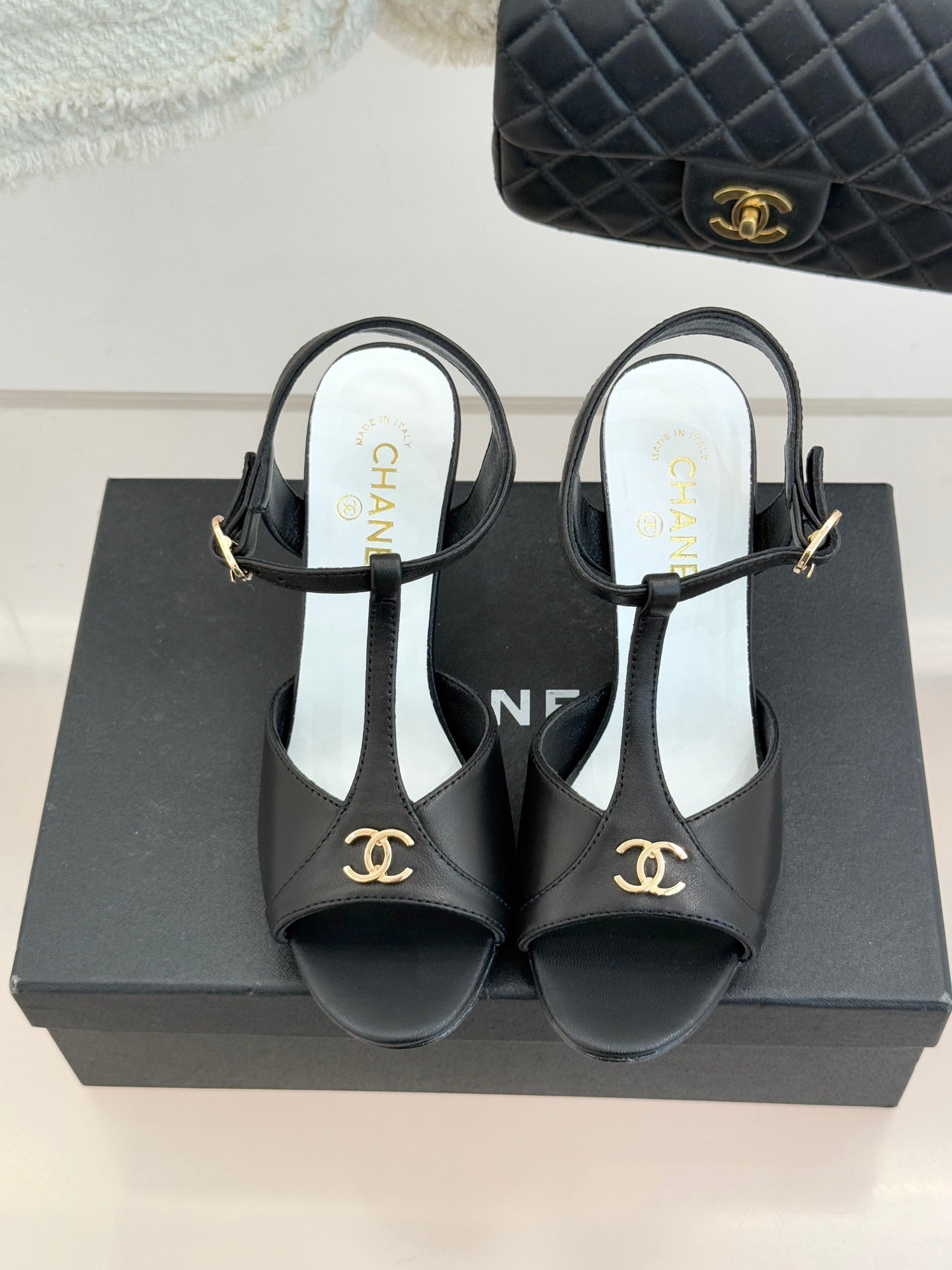 Peep-Toe T-Strap Heels – Double Logo Accent
