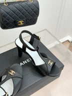 Peep-Toe T-Strap Heels – Double Logo Accent