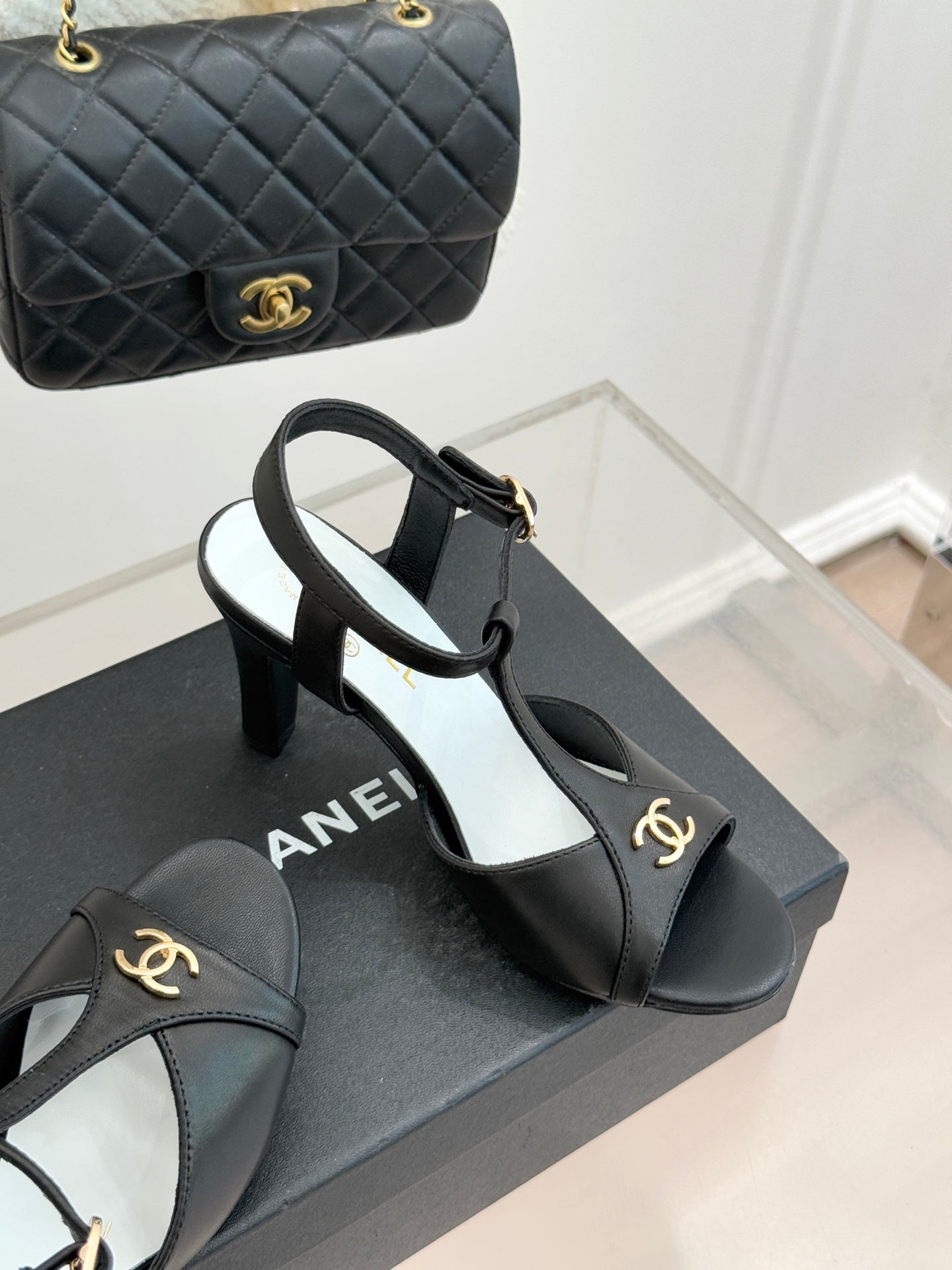 Peep-Toe T-Strap Heels – Double Logo Accent