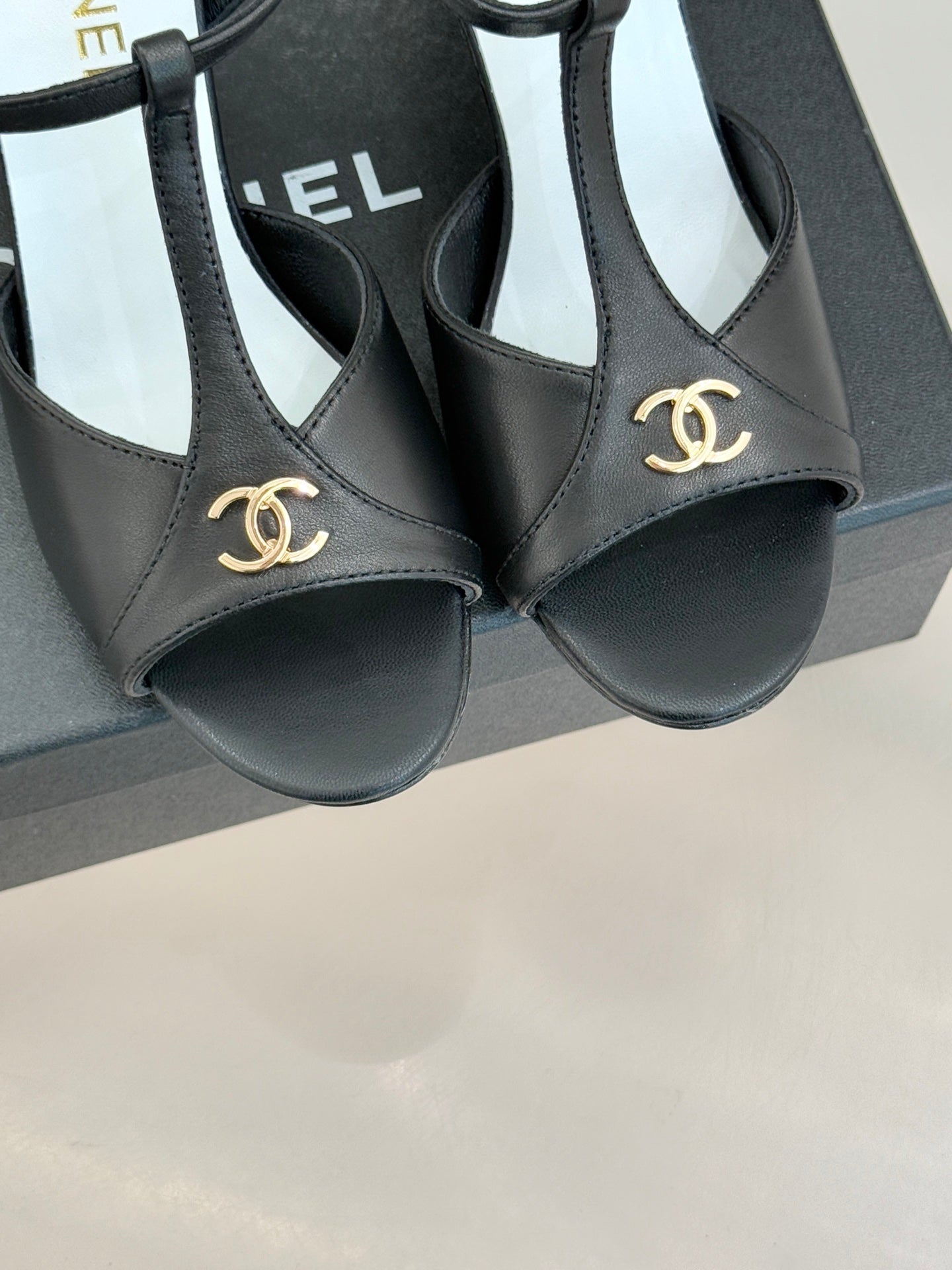 Peep-Toe T-Strap Heels – Double Logo Accent
