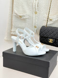Peep-Toe T-Strap Heels – Double Logo Accent