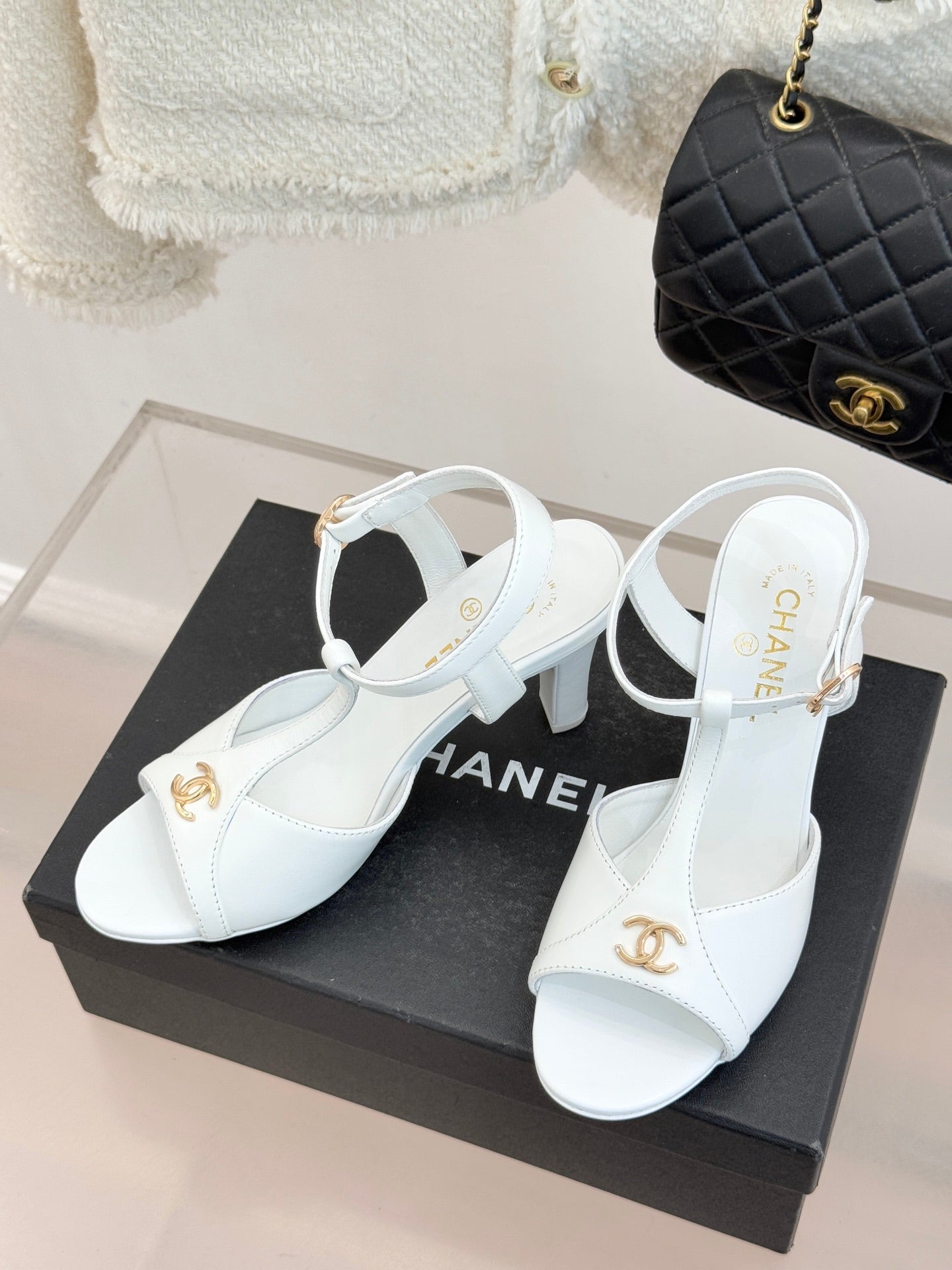 Peep-Toe T-Strap Heels – Double Logo Accent