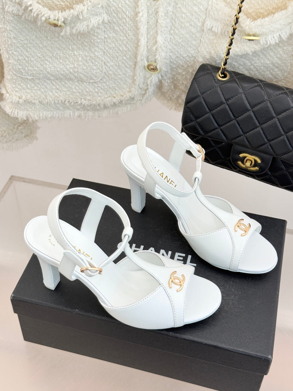 Peep-Toe T-Strap Heels – Double Logo Accent