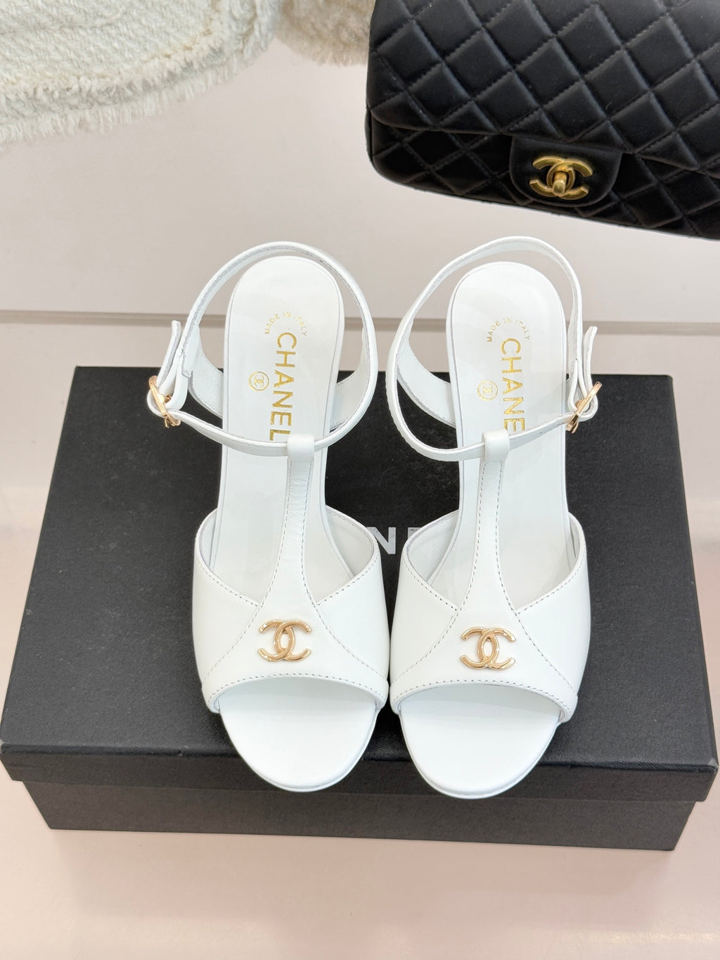 Peep-Toe T-Strap Heels – Double Logo Accent