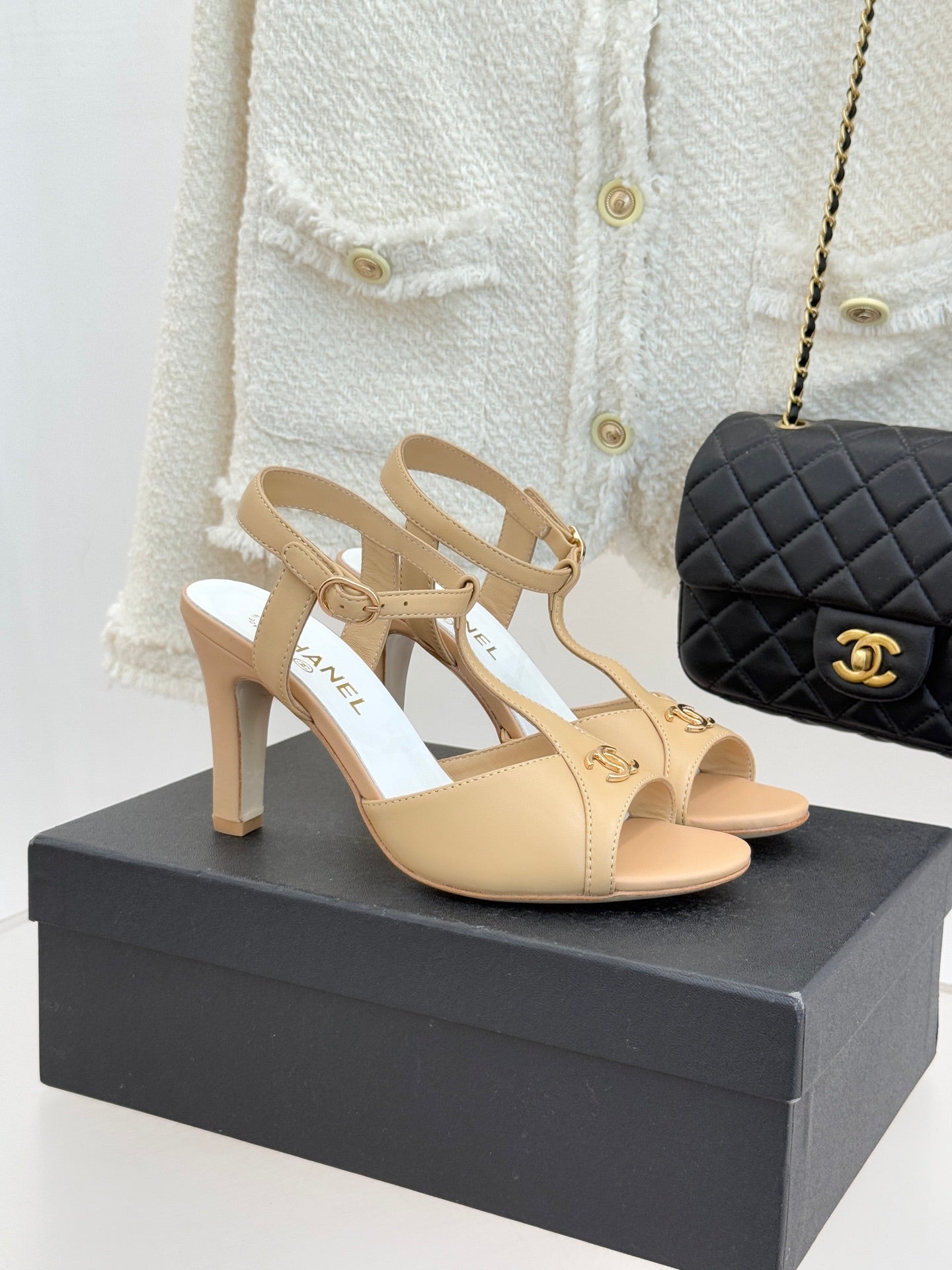 Peep-Toe T-Strap Heels – Double Logo Accent