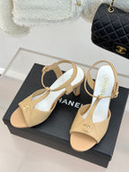 Peep-Toe T-Strap Heels – Double Logo Accent