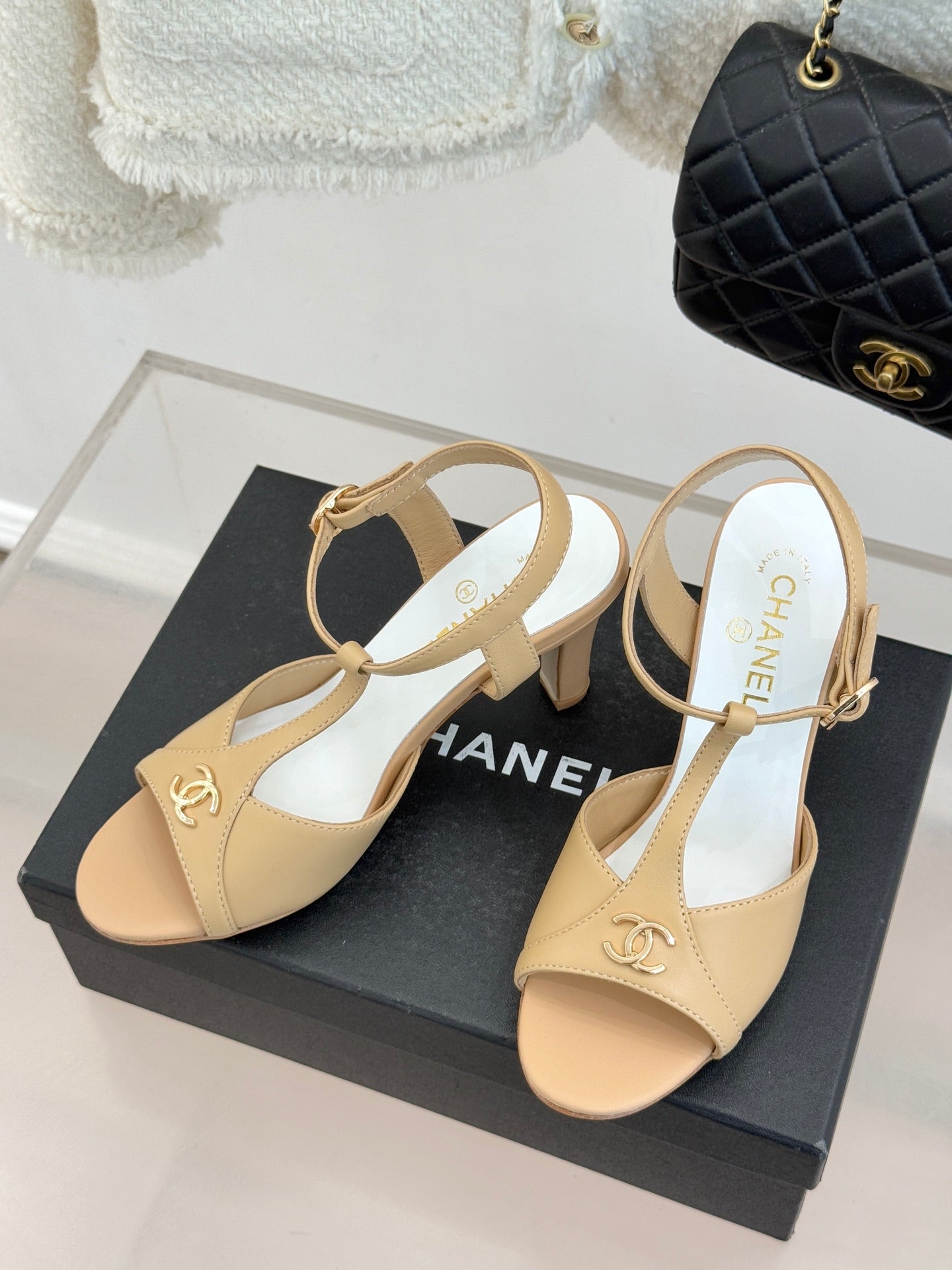 Peep-Toe T-Strap Heels – Double Logo Accent